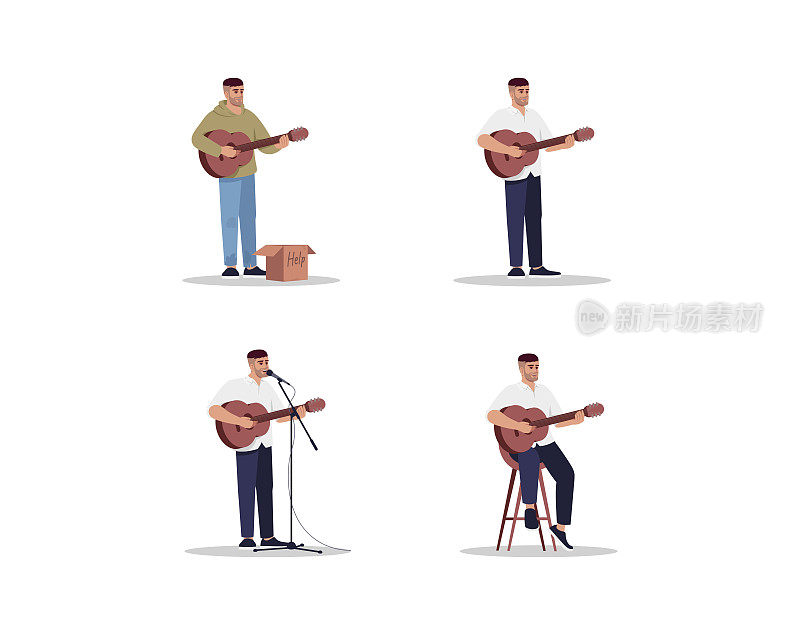Male caucasian guitarist semi flat RGB color vector illustration set